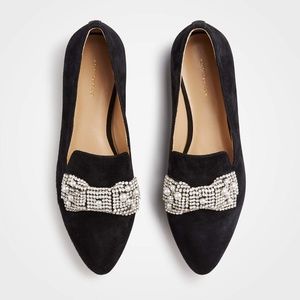 Black Suede Pearl and Crystal Bow Loafers